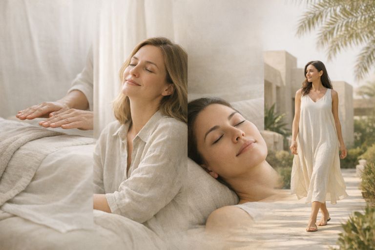 Four-part Reiki healing image showing gentle recovery support, peaceful rest, emotional ease, and overall well-being in a calm luxury setting.