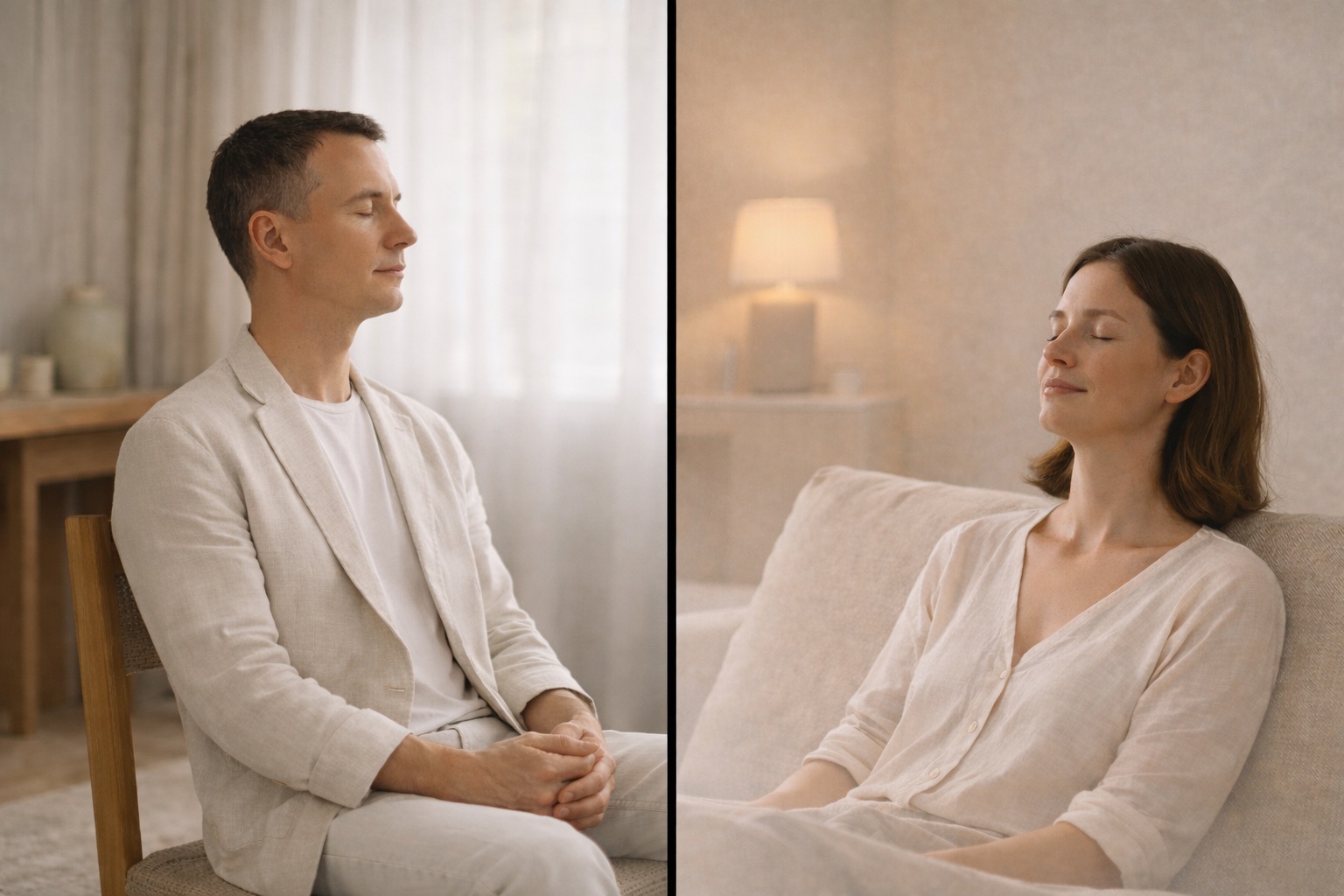 Male Reiki healer offering distance Reiki in a calm private room with a softly layered scene of a person resting peacefully at home.