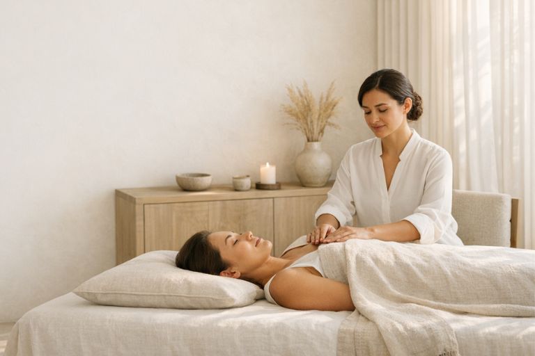 Private Reiki healing room in Dubai with a calm, refined interior and gentle professional setting.